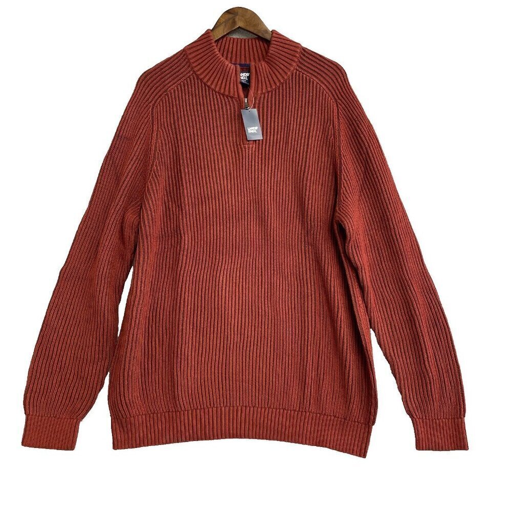 NEW Lands' End Drifter Men's XL Rust Red Cotton Sweater Ribbed Knit Pullover